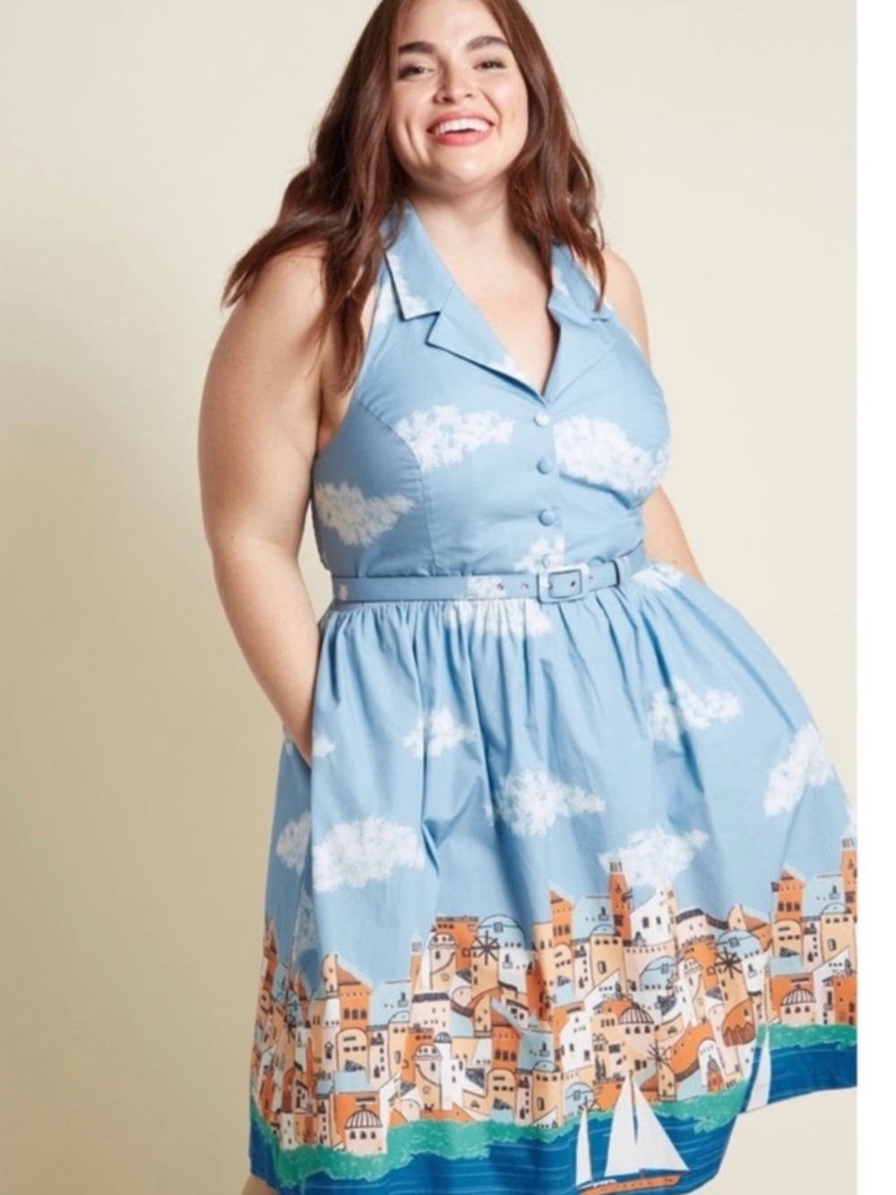 Sleeveless Sky Blue halter Sailboat Print Fit-and-Flare Dress